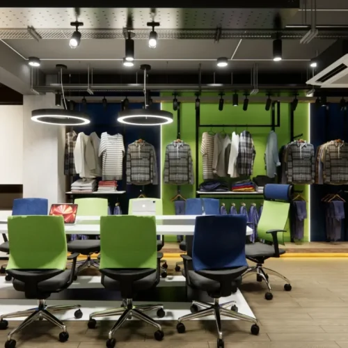 Modern showroom with stylish clothing display